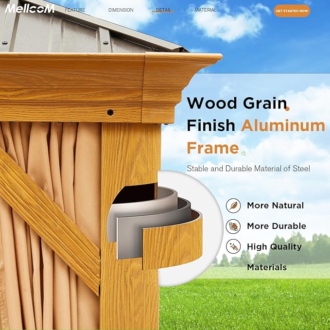 MELLCOM 14'x24' Gazebo, Wooden Finish Coated Aluminum Frame Pergola with Double Galvanized Steel Hardtop Roof, Outdoor Permanent Metal Pavilion with Curtains and Nettings for Patio, Backyard and Deck