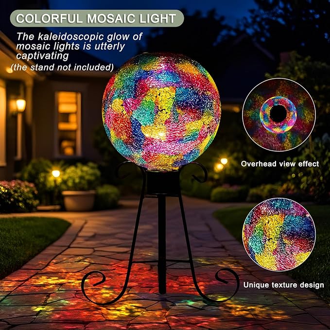 VOREEN Mosaic Solar Glass Gazing Ball, 10 Inch Colorful Gazing Globe, Handmade IP44 Waterproof Garden Decor Outdoor Ornament Sphere for Patio Lawn Yard, Gift for Mom Wife Friend