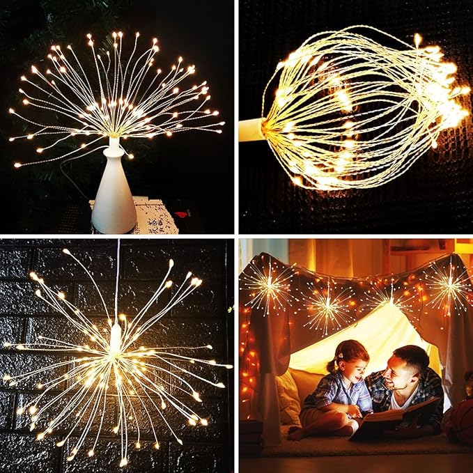 10 Pcs Total 600 LED Firework Copper Wire Lights, Fairy Twinkle Lights Plug in String Lights 8 Modes Waterproof Starburst Lights for Christmas, Birthday, Bedroom, Corridor Patio, Wedding