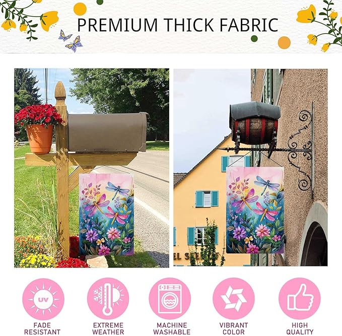 Colorful Spring Summer Dragonfly Garden Flag Floral Flowers Garden Flag Vertical Double Sided Rustic Farmland Burlap Yard Lawn Outdoor Decor 12.5x18"