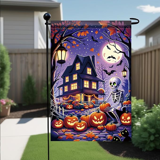 Halloween Garden Flag Skeleton Flag 12x18 Inch Haunted House Pumpkin Yard Banner Double Sided Outdoor Spooky Decor for Lawn Porch Patio Trick or Treat Holiday Seasonal House Decoration