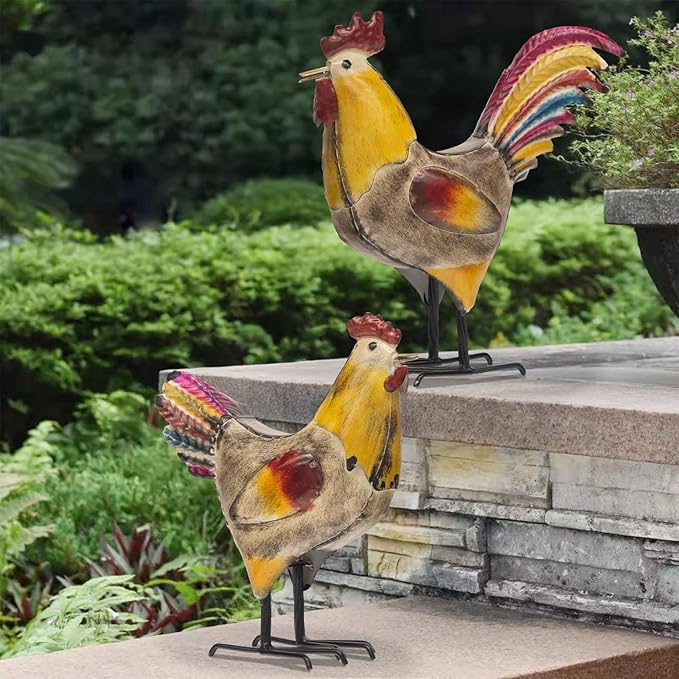 Metal Rooster and Hen Statues Set of 2, Indoor Outdoor Chicken Yard Art Decorations, Farmhouse Kitchen Table Garden Patio Lawn Decor, Gray Yellow Sculptures 12.2x11.5 Inch