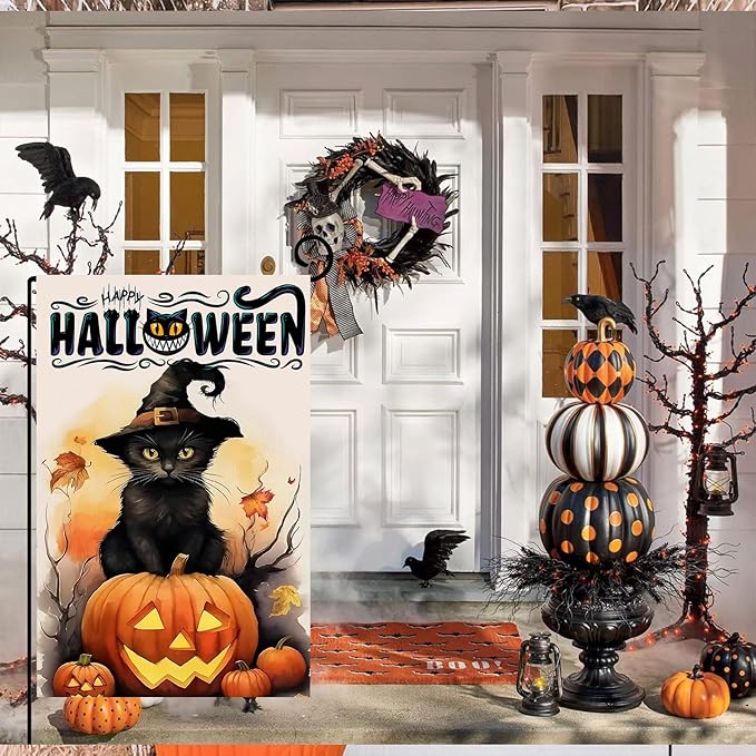 DECORLUXES Halloween Cat Garden Flag, Vertical Double Sided Happy Halloween Pumpkin Holiday Outside Decorations (Garden Flag)