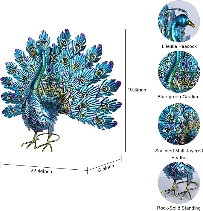 YEAHOME Garden Decor Outdoor Statues, 22.4" Large Metal Peacock Standing Yard Art, Blue Green Bird Lawn Sculptures Garden Decor for Outside Patio Porch Backyard