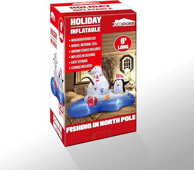 Joiedomi 6 FT Long Christmas Inflatable Polar Bear Fishing with Penguin Decoration, Blow Up Yard Decoration Inflatables with Built-in LEDs for Christmas Party Indoor Outdoor, Yard, Garden, Lawn Décor