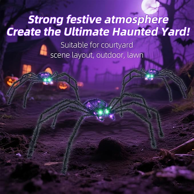 HOYECHI 3-Piece Lighted Halloween Spider - Holiday Decorations Outdoor Set of 3 Spider with 35 LED Lights for Front Yard Porch Gardens Party Outside Halloween Decor - Black