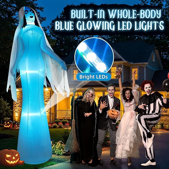 12FT Giant Halloween Inflatables Ghost Bride, Halloween Decorations Outdoor Blow Up Yard Decorations Built-in Whole-Body Blue Glowing LED Lights Huge Halloween Blowups for Outdoor Holiday