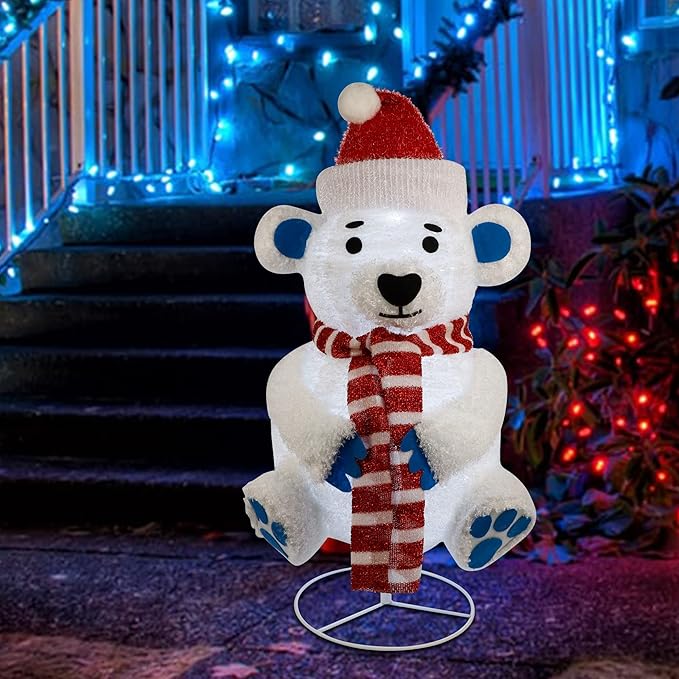 Glintoper Lighted Christmas Decorations, Pre-Lit Pop Up Plush White Bear with Built-in Lights, Collapsible and Easy-Assembly, Light Up Polar Bear for Indoor Outdoor Holiday Xmas New Year Winter Decor