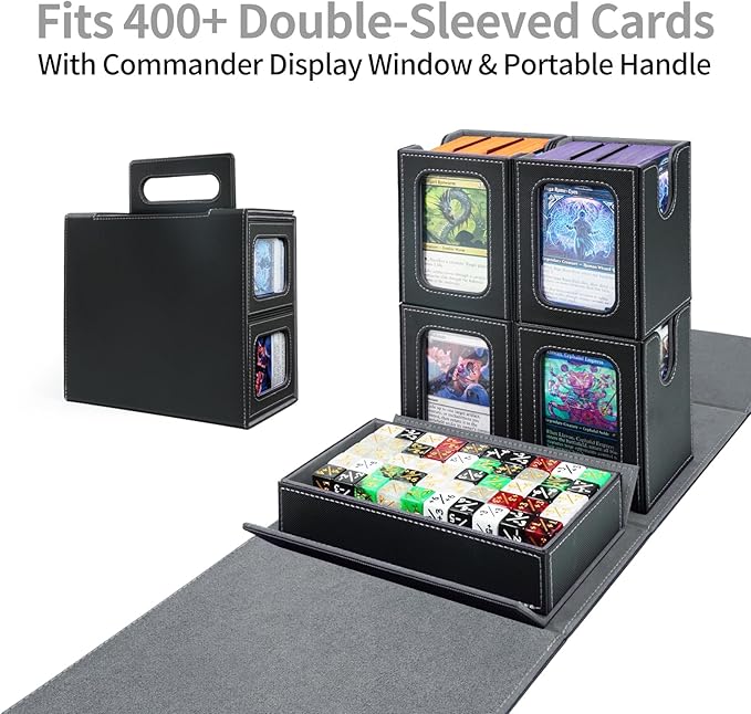 AFIING Commander Deck Box for MTG/EDH, Fits 400+ Double-Sleeved Cards, with Display Window, 4 Removable Deck Cases, Dividers, Dice Tray & Handle, Card Holders for TCG (Black Grey)