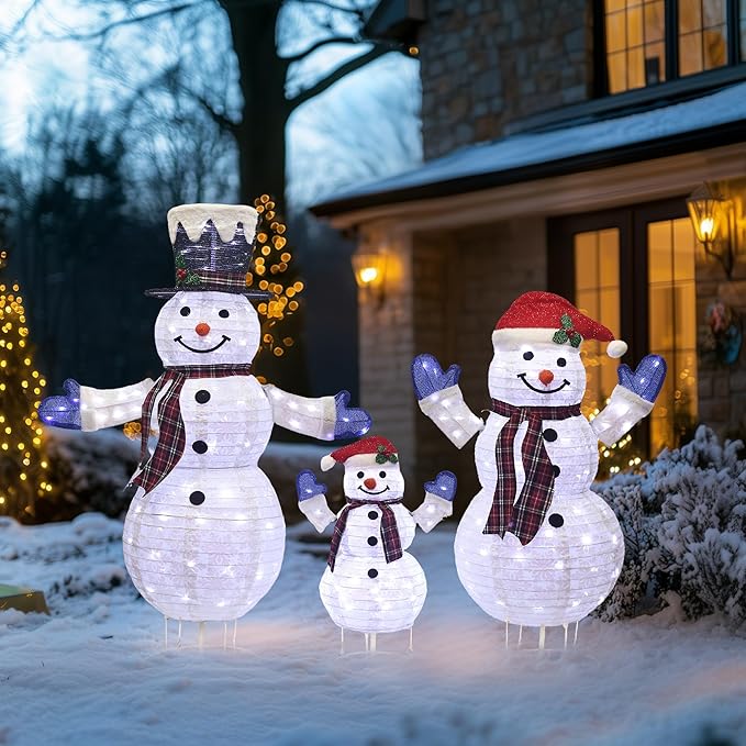 3-Piece 3D Lighted Snowman Family Set Outdoor Christmas Decorations Weather-Resistant Christmas Collapsible Snowmen Yard Decor for Yard Patio with LED Lights & Stakes