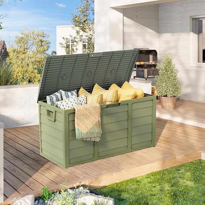 75 Gallon Outdoor Deck Box - Heavy Duty Resin Storage with Lockable Lid, UV Resistant for Patio Furniture Cushions, Pillows (Green)