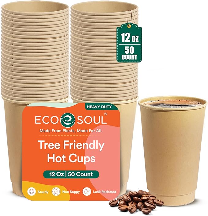 ECO SOUL 100% Compostable Plant-Based 12oz Hot Cups | (50 Count, 12 oz Hot Cups) | Disposable Bagasse Paper Cups | Eco-friendly Cups | Sturdy, Microwave & Oven Safe