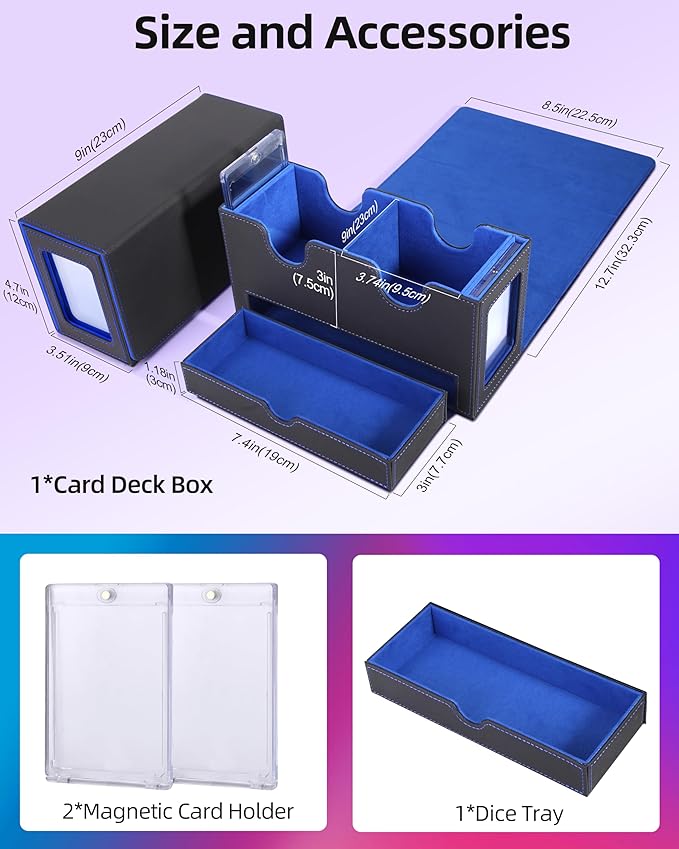 MTG Deck Box, MTG Commander Card Deck Box with Commander Display, Fits 250+ Single Sleeved, Double Card Storage Box with Dice Tray, Magnetic Card Storage Case for CCG TCG Sports Cards, Black Blue