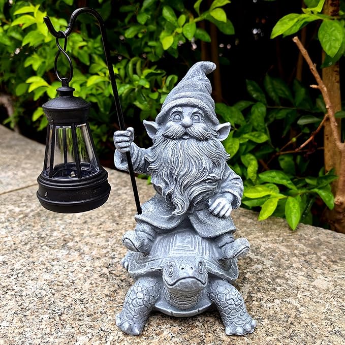 Garden Gnome Statue Riding Turtle - Garden Gnomes Decorations with Solar LED Lights, 7.9" Outdoor Resin Figurine Ornament for Patio, Yard, Funny Lawn Decor (Gray)