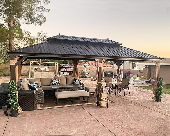 PURPLE LEAF 13' X 20' Outdoor Hardtop Gazebo Patio Wide Aluminum Frame Metal Double Roof with Heavy Duty Netting and Curtains for Permanent Hard Top Pavilion Screen, Khaki