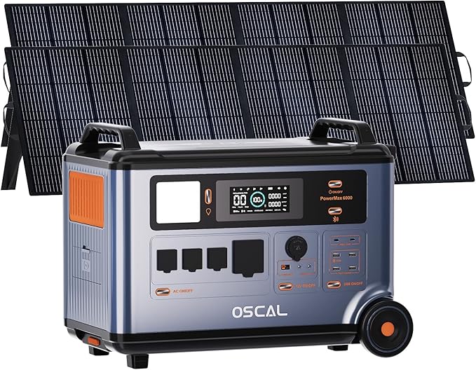 OSCAL 6000W Solar Generator(2025 New),120V/240V Split Phase Voltage Portable Power Station PowerMax 6000 With 2×400W Panel, 4 * 6000w AC Output (9000W Surge),2400W MPPT Solar for Emergency 03