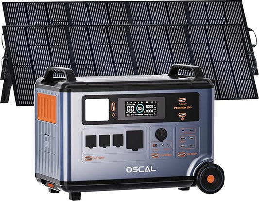 OSCAL 6000W Solar Generator(2025 New),120V/240V Split Phase Voltage Portable Power Station PowerMax 6000 With 2×400W Panel, 4 * 6000w AC Output (9000W Surge),2400W MPPT Solar for Emergency 03