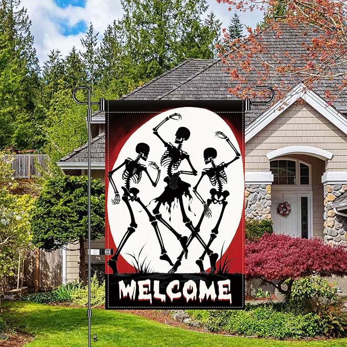 Halloween Skull Welcome Garden Flags 12 x 18 Inch Dancing Skeleton Flag Double Sided Gothic Outdoor House Yard Banner Farmhouse Holiday Outside Decoration Yard Flag