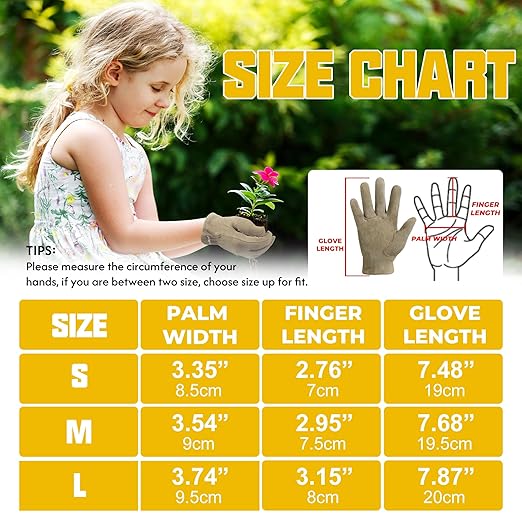 HANDLANDY Kids Genuine Leather Work Gloves for ages 3-11, Children Gardening Gloves for Boys, Girls (Medium (for age5-7), Khaki)