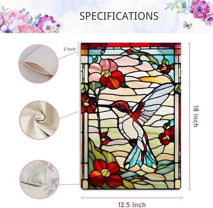 Spring Summer Hummingbird Garden Flag Glass Style Garden Flag Vertical Double Sided Rustic Farmland Burlap Yard Lawn Outdoor Decor 12.5x18"