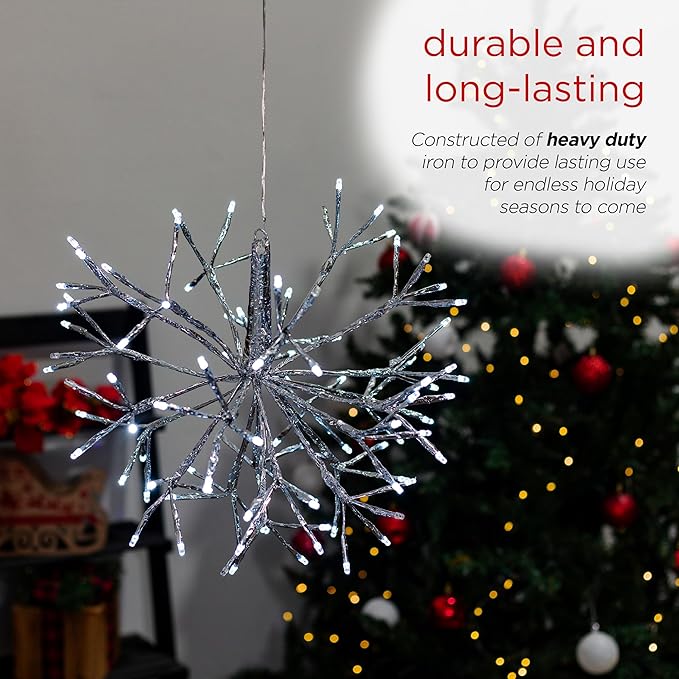 Alpine Corporation 16"H Indoor Holiday 3D Snowflake Hanging Ornament with LED Lights, White , Christmas Decoration