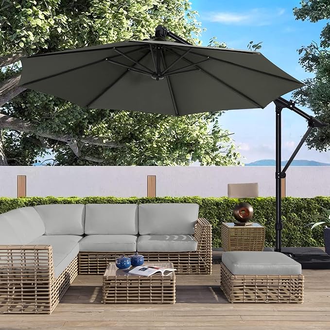 ABCCANOPY 10FT Cantilever Umbrella Offset Hanging Patio Umbrella with Base Stand Rotate and Tilt，Suitable for Garden, Lawn, Backyard（Dark Grey）