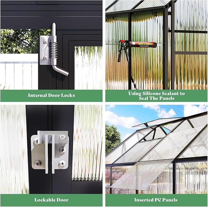 Amerlife 8x8x7 FT Outdoor Polycarbonate Greenhouse, Walk-in Aluminum Frame Design with Two Windows & Swing Door, Durable Garden Structure in Black