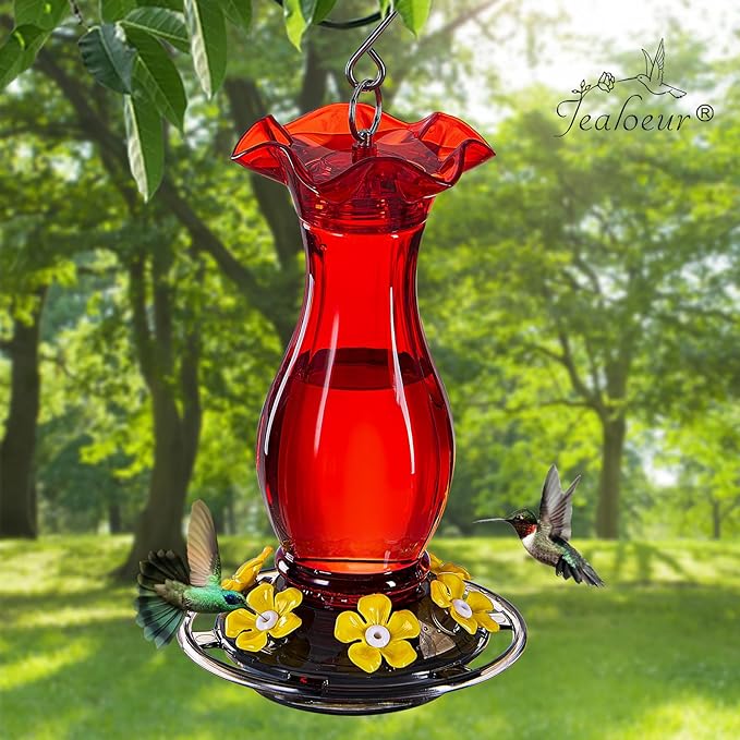 Hummingbird Feeder for Outdoors Hanging, 18 OZ Humming Birds Feeders with 6 Bee Guard Feeding Ports & Built-in Ant Moat, Easy to Clean, Durable Outdoor Garden Decor (Red 2 Pack-CC)