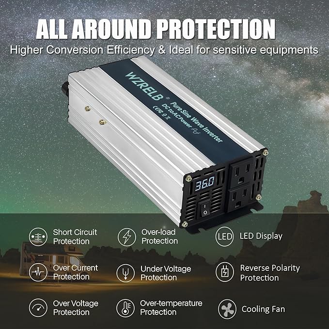 WZRELB 500W Pure Sine Wave Inverter 36V DC to 110V 120V AC Power Converter with LED Display, Off-Grid Portable Power Inverter with 2 AC Outlets for Home, RV, Truck, Camping