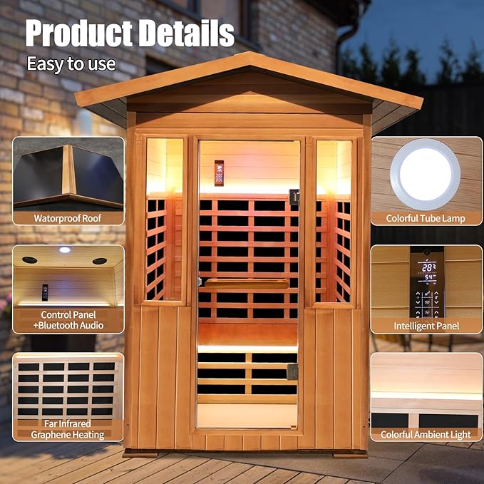 Outdoor Sauna 2 Person 1800W/110V Low EMF Dry Sauna Infrared Sauna for Home Inner Board Hemlock Wood/Outer Board Red Cedar, 8 Heating Panels with LCD Control Panel/Speaker and Tempered Glass Door