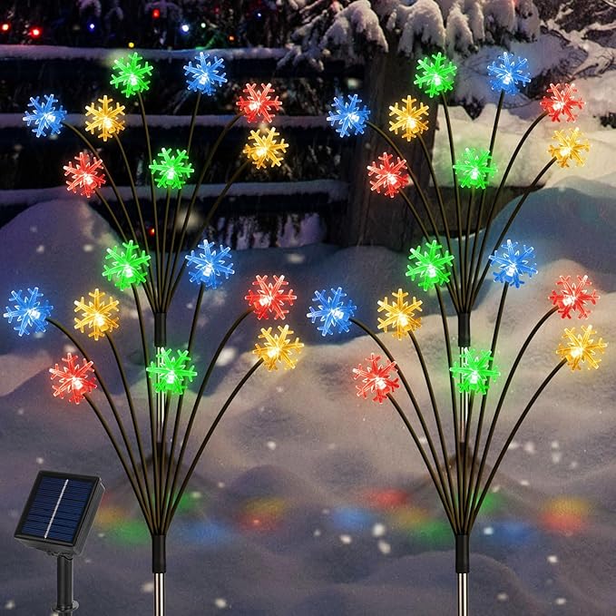 Set of 4 Snowflake Solar Christmas Decorations, 8 Modes Swaying Garden Lights, Outdoor Pathway Solar Christmas Stake Lights, Upgraded Base on Firefly Light for Lawn Decor (Multicolor)
