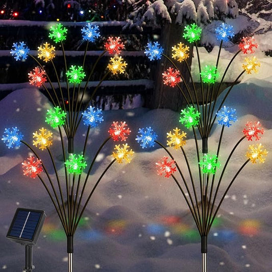 Set of 4 Snowflake Solar Christmas Decorations, 8 Modes Swaying Garden Lights, Outdoor Pathway Solar Christmas Stake Lights, Upgraded Base on Firefly Light for Lawn Decor (Multicolor)