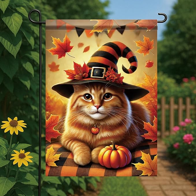 Halloween Fall Garden Flag Orange Cat with Pumpkin Hat Flag 12x18 Inch Double-Sided Autumn Witch Hat Plaid Blanket Yard Banner for Porch Lawn Outdoor Decor Thanksgiving Cat Lovers