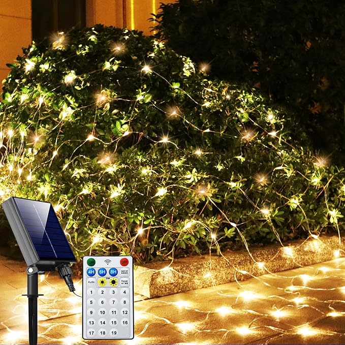 Solar Net Christmas Lights Warm White, 200 LED Net Lights Outdoor Mesh Lights, 19 Modes Solar Powered/USB String Lights for Garden, Yard, Bushes, Trunk, Halloween, Xmas Tree Decor