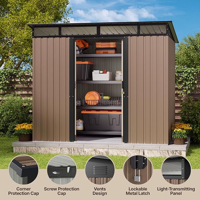 Gizoon 7.4'x5.3' Outdoor Storage Shed Metal Garden Shed with Sliding Lockable Doors, Versatile Tool Bike Shed with Transparent Panel Windows, Outdoor Storage Clearance for Backyard, Patio, Light Brown