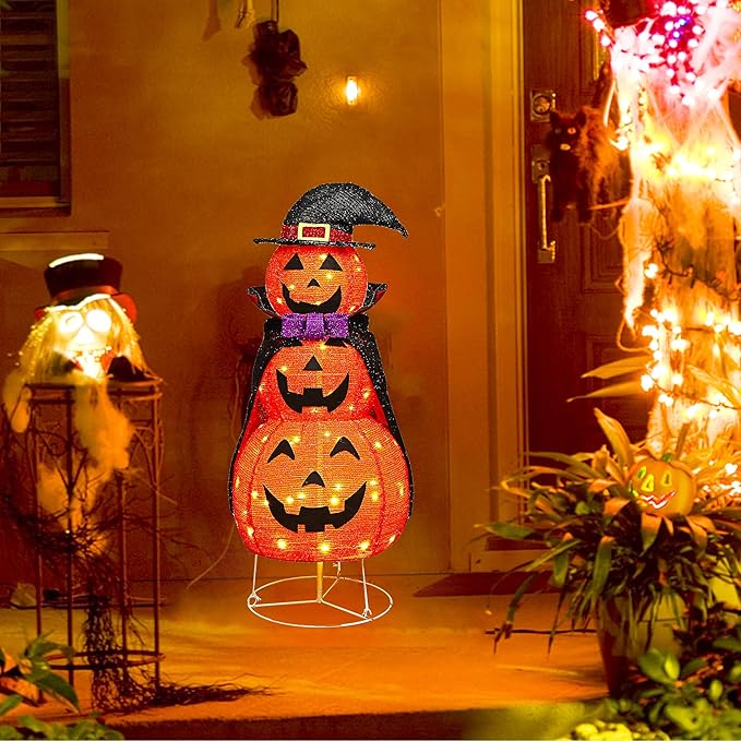Lulu Home 3.5FT Light Up Halloween Decoration, 60 LED Collapsible Stacked Pumpkins with Vampire Cloak, Plug-in Pre-lit Jack-O-Lantern Front Door Porch Indoor Outdoor Decoration