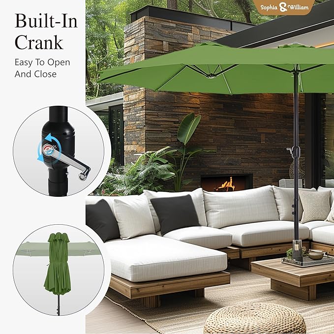 Sophia & William 15 ft Extra Large Patio Umbrella with Base Included, Rectangular Outdoor Umbrella Heavy Duty, Market Umbrella Double-sided Fade Resistant for Pool Garden Backyard, Lime