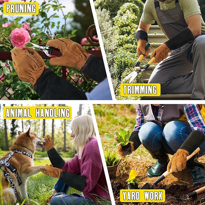 HANDLANDY Pruning Gloves Long for Men & Women, Pigskin Leather Rose Gardening Gloves- Breathable & Durability Gauntlet Gloves (Black-brown, X-Large (Pack of 1))