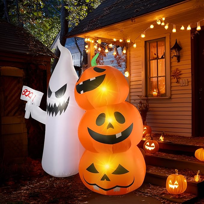6Ft Halloween Inflatable Ghost Hammer Pumpkin Outdoor Decor with Build-in LEDs Blow Up Inflatable for Party Indoor Outdoor Garden Lawn Yard