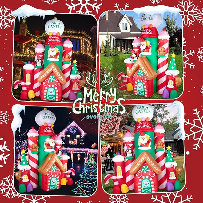 Hioasis 10 FT Christmas Inflatable Decorations,Gaint Candy Castle Inflatable with Santa,Reindeer,Penguin,Gingerbread - Blow Up Yard Outdoor Decorations with LED Lights Built-in,Perfect for Christmas