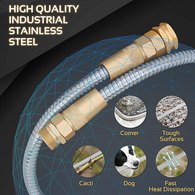 Garden Hose - Flexible Short Water Hose with Metal Fitting, 3 ft Leader Hose, Heavy Duty Hoses Extension for Rv, Outdoor, Small Garden, Yard, 304 Stainless Steel