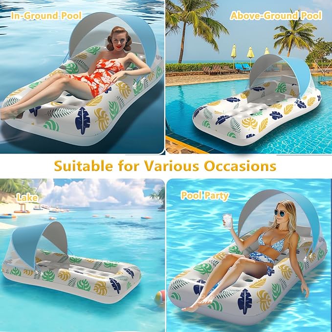 Inflatable Adult Pool Floats with Canopy 70 Inch Giant Swimming Pool Lounger Raft with Cup Holder & UV-Resistant Heavy-Duty Adults Floaties for Beach Lake Pool Parties Summer Travel Accessories