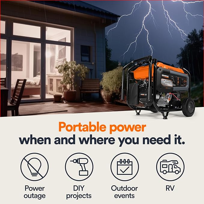 Generac 10,000 Starting Watt Portable Gas Generator - Electric Start - Home Backup or RV Ready - Heavy Duty Frame - Quiet, Long Runtime, Emergency Power - 49-State Compliant