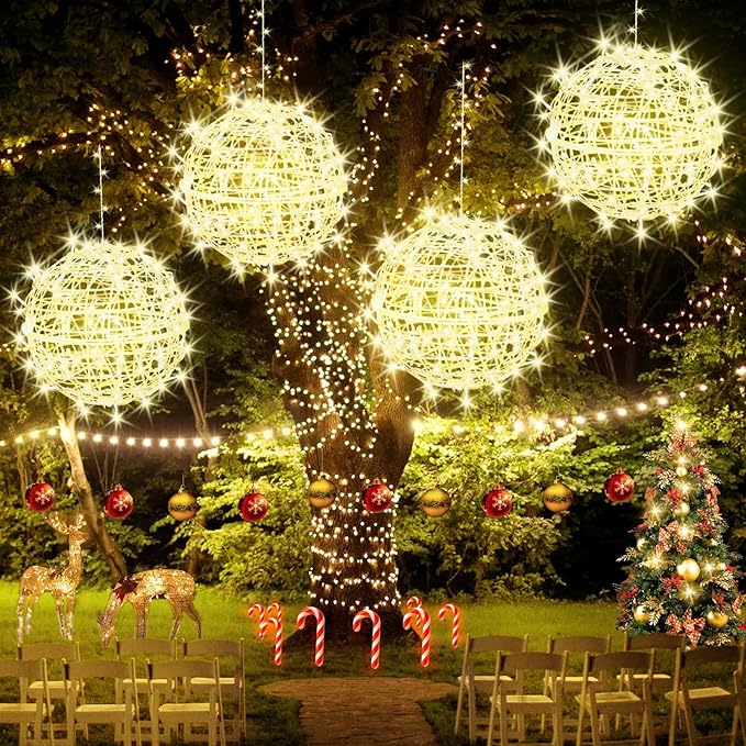 Christmas String Lights Outdoors,4 Pack 15.74" Sphere Lights,Ball Tree Garden Globe Lights for Home, Party, Christmas, Porch Patio,Wedding, Garden,Tree Decoration with Plug