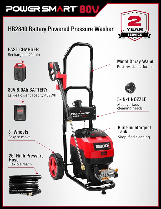 PowerSmart 80V 2600PSI Cordless Electric Pressure Washer, 6.0AH Battery Charger 1.2GPM, Battery Powered Electric Power Washer with 35FT Hose Reel, 27FT Hose, 5in1 Nozzle Set, Onboard Soap Tank