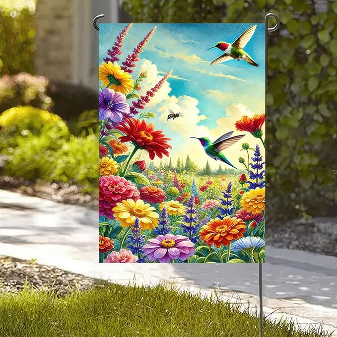 Spring Garden Flag 12 x 18 Inch Double Sided Hummingbird Welcome Yard Flag Outdoor Bee Colorful Flower Sky Summer Farmhouse Seasonal Yard Lawn Outside Decorations