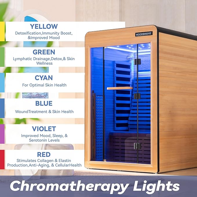 Woodbridge Infrared Home Sauna Room 2 Person Hemlock Wooden Indoor Sauna,7 Carbon 2230W/120V Heaters,with Led Color Therapy Light,Bluetooth Speaker,Tempered Glass,Touch-Tone Keypad and A Top Vent