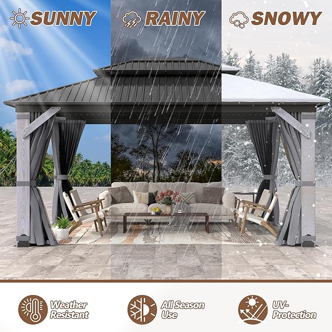 12 x 16FT Wood Gazebo, Wooden Frame Gazebos with Netting and Curtains,Outdoor Hardtop Gazebo with Wood Posts and Galvanized Steel Doule Roof for Lawn, Backyard Deck
