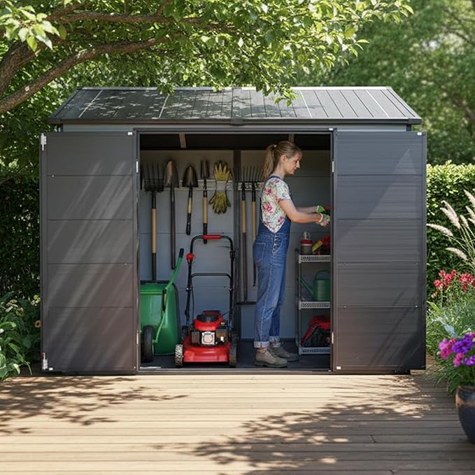 LANTRO JS Outdoor Storage Shed, 8x6FT Plastic Storage Shed with 2 Windows and Lockable Door for Garden Tools, Bike, Lawnmower, Grey and Black