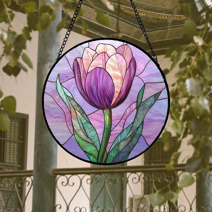 Stained Glass Window Hanging 4 Pcs Set Purple Flower Theme 7.8" - Tulip Suncatcher Door Garden Sun Catcher Decor Birthday Christmas for Plant Lovers Woman Nana Men